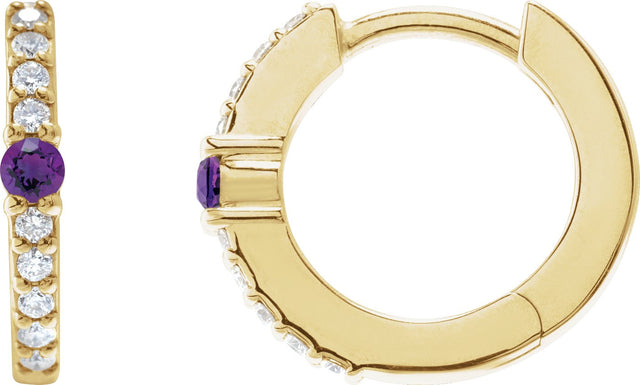 14K Gold Round Natural Amethyst Accented Hoop Earrings – 2mm Stones - Yellow Gold