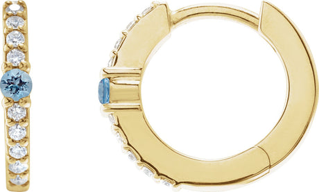 14K Gold Round Natural Aquamarine Accented Hoop Earrings – 2mm Stones - Yellow Gold