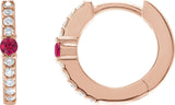 14K Gold Round Natural Ruby Accented Hoop Earrings – 2mm Stones - Rose Gold