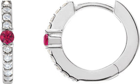 Platinum Round Natural Ruby Accented Hoop Earrings – 2mm Stones