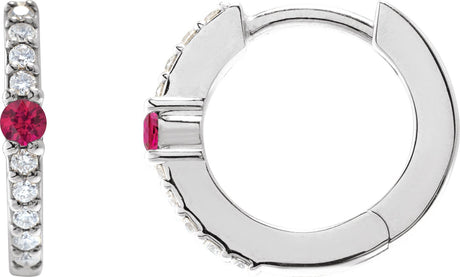 Platinum Round Natural Ruby Accented Hoop Earrings – 2mm Stones