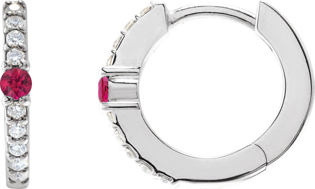 14K Gold Round Natural Ruby Accented Hoop Earrings – 2mm Stones - White Gold