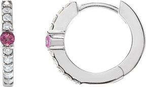 14K Gold Round Natural Pink Tourmaline Accented Hoop Earrings – 2mm Stones - White Gold