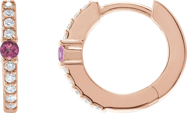 14K Gold Round Natural Pink Tourmaline Accented Hoop Earrings – 2mm Stones - Rose Gold