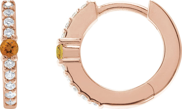 14K Gold Round Natural Citrine Accented Hoop Earrings – 2mm Stones - Rose Gold