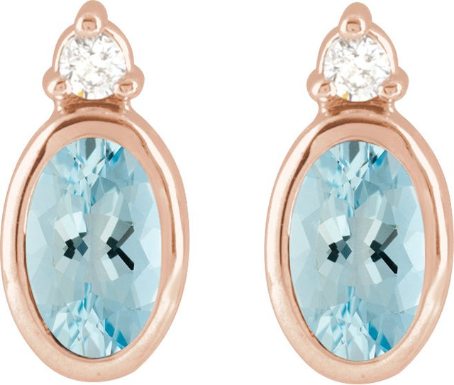 14K Gold Oval Natural Aquamarine Accented Bezel-Set Earrings - Rose Gold - view 2