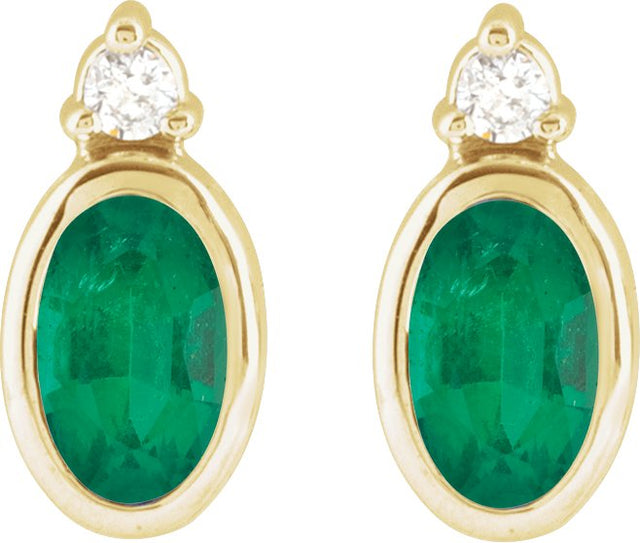 14K Gold Oval Lab-Grown Emerald Accented Bezel-Set Earrings - Yellow Gold - view 2