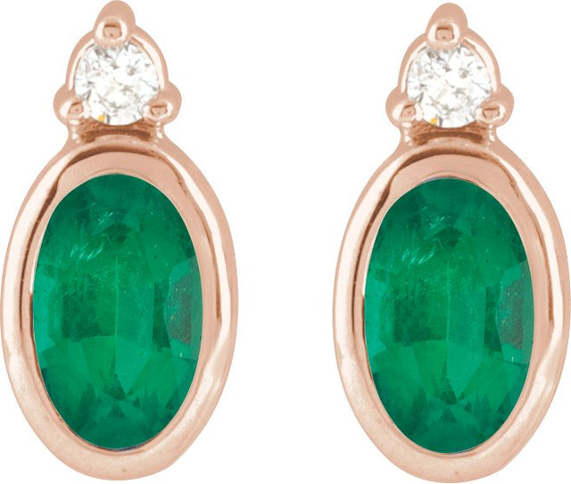 14K Gold Oval Lab-Grown Emerald Accented Bezel-Set Earrings - Rose Gold - view 2