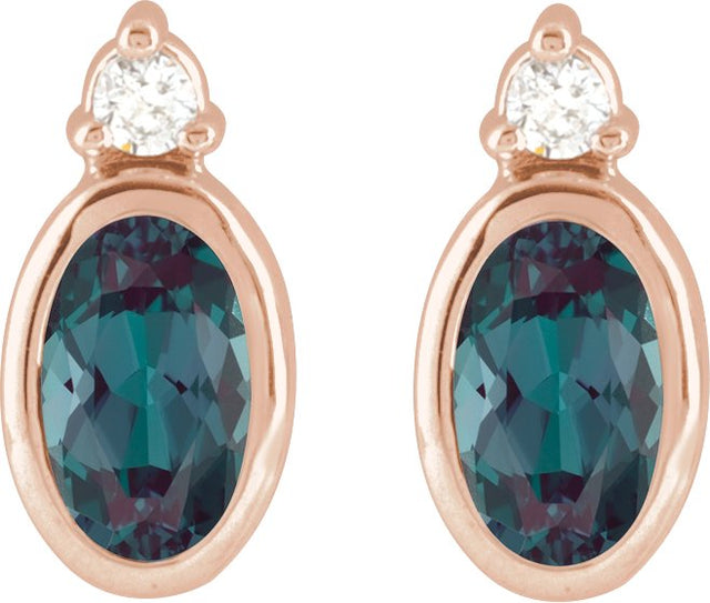 14K Gold Oval Lab-Grown Alexandrite Accented Bezel-Set Earrings - Rose Gold - view 2