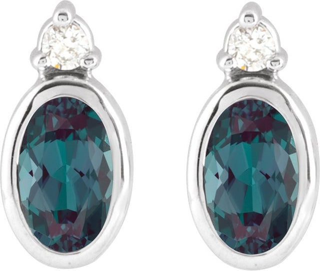 14K Gold Oval Lab-Grown Alexandrite Accented Bezel-Set Earrings - White Gold - view 2