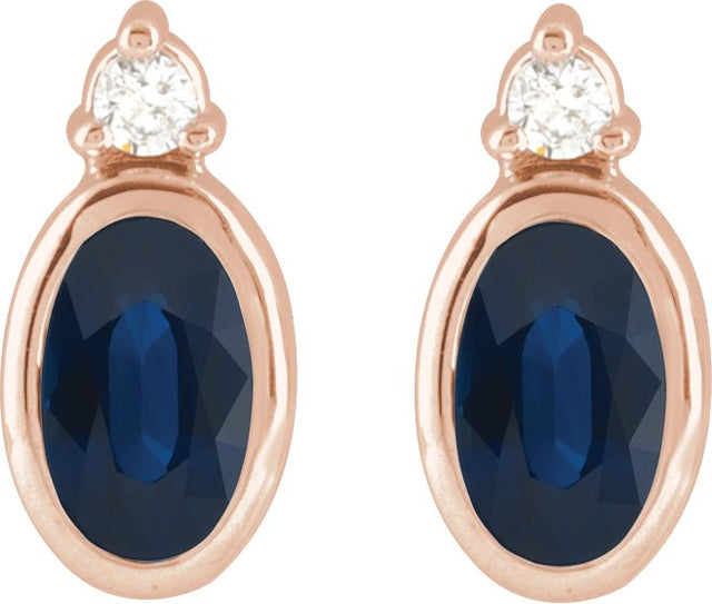 14K Gold Oval Natural Blue Sapphire Accented Bezel-Set Earrings - Rose Gold - view 2