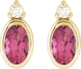 14K Gold Oval Natural Pink Tourmaline Accented Bezel-Set Earrings - Yellow Gold - view 2