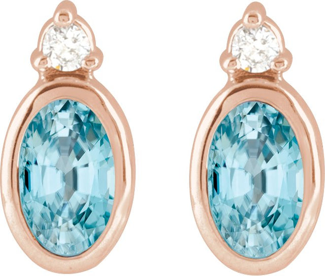 14K Gold Oval Natural Blue Zircon Accented Bezel-Set Earrings - Rose Gold - view 2