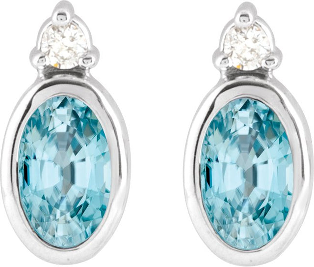 14K Gold Oval Natural Blue Zircon Accented Bezel-Set Earrings - White Gold - view 2