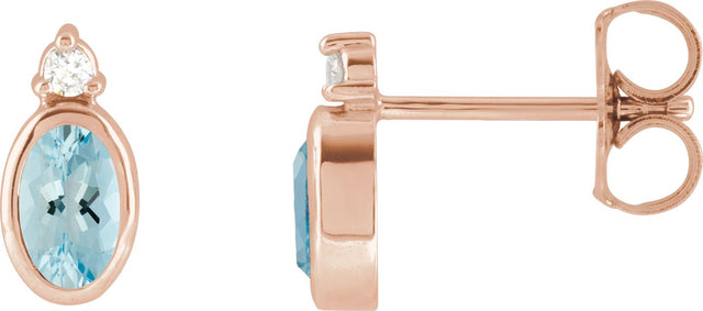 14K Gold Oval Natural Aquamarine Accented Bezel-Set Earrings - Rose Gold