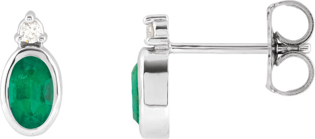 14K Gold Oval Natural Emerald Accented Bezel-Set Earrings - White Gold