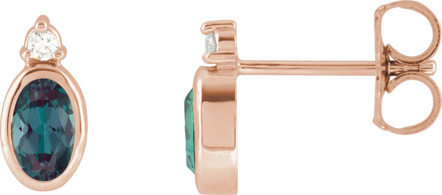 14K Gold Oval Lab-Grown Alexandrite Accented Bezel-Set Earrings - Rose Gold
