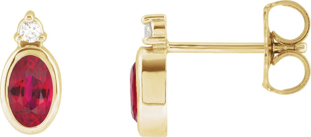 14K Gold Oval Lab-Grown Ruby Accented Bezel-Set Earrings - Yellow Gold