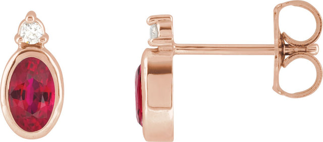 14K Gold Oval Lab-Grown Ruby Accented Bezel-Set Earrings - Rose Gold