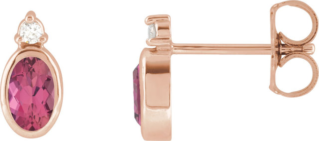 14K Gold Oval Natural Pink Tourmaline Accented Bezel-Set Earrings - Rose Gold