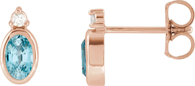14K Gold Oval Natural Blue Zircon Accented Bezel-Set Earrings - Rose Gold