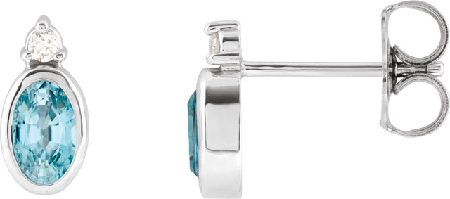14K Gold Oval Natural Blue Zircon Accented Bezel-Set Earrings - White Gold