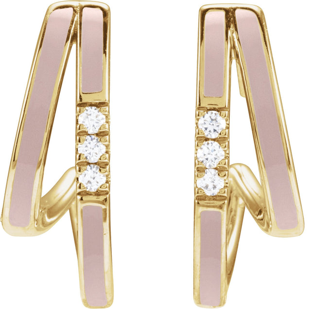 14K Gold Round Natural Diamond Accented Double-Row Enamel Hoop Earrings - Yellow Gold - view 2