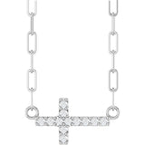 14K Gold Round Natural Diamond Accented Sideways Cross Necklace – 19.3x10.8mm - White Gold
