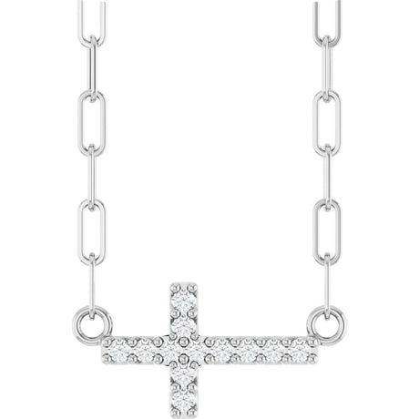 14K Gold Round Natural Diamond Accented Sideways Cross Necklace – 19.3x10.8mm - White Gold
