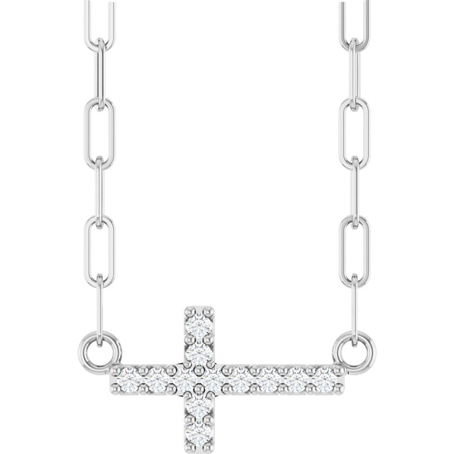 14K Gold Round Natural Diamond Accented Sideways Cross Necklace – 19.3x10.8mm - White Gold