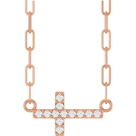 14K Gold Round Natural Diamond Accented Sideways Cross Necklace – 19.3x10.8mm - Rose Gold