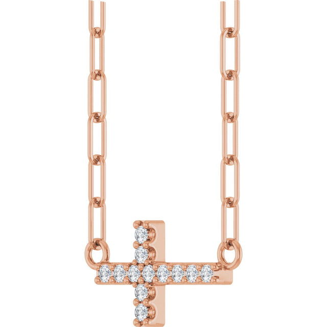14K Gold Round Natural Diamond Accented Sideways Cross Necklace – 19.3x10.8mm - Rose Gold - view 2