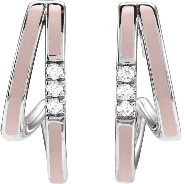 14K Gold Round Natural Diamond Accented Double-Row Enamel Hoop Earrings - White Gold - view 2