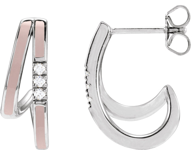 14K Gold Round Natural Diamond Accented Double-Row Enamel Hoop Earrings - White Gold