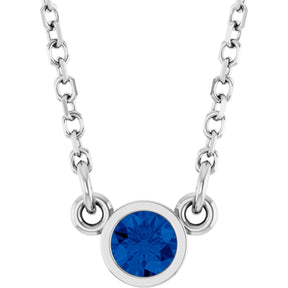 Platinum Round Natural Blue Sapphire Bezel-Set Solitaire Birthstone Necklace