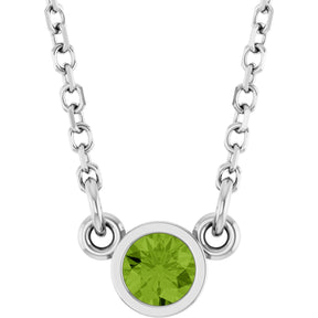 14K Gold Round Natural Peridot Bezel-Set Solitaire Birthstone Necklace II - White Gold