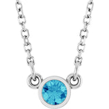 Platinum Round Natural Blue Zircon Bezel-Set Solitaire Birthstone Necklace