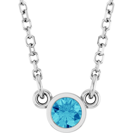Platinum Round Natural Blue Zircon Bezel-Set Solitaire Birthstone Necklace