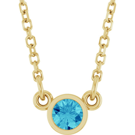 14K Gold Round Natural Blue Zircon Bezel-Set Solitaire Birthstone Necklace II - Yellow Gold
