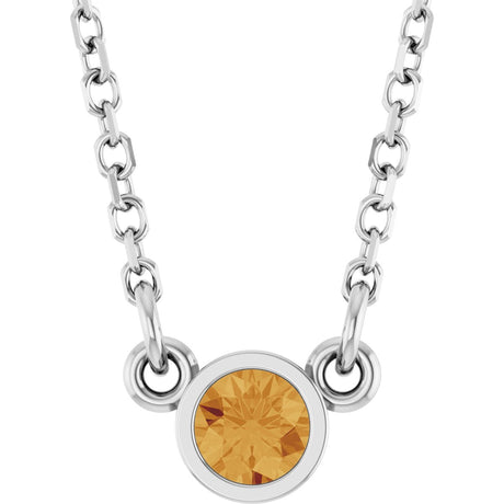 14K Gold Round Natural Citrine Bezel-Set Solitaire Birthstone Necklace II - White Gold