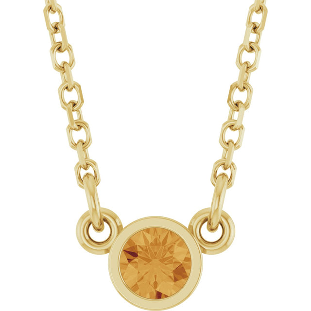 14K Gold Round Natural Citrine Bezel-Set Solitaire Birthstone Necklace II - Yellow Gold