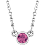 Platinum Round Natural Pink Tourmaline Bezel-Set Solitaire Birthstone Necklace