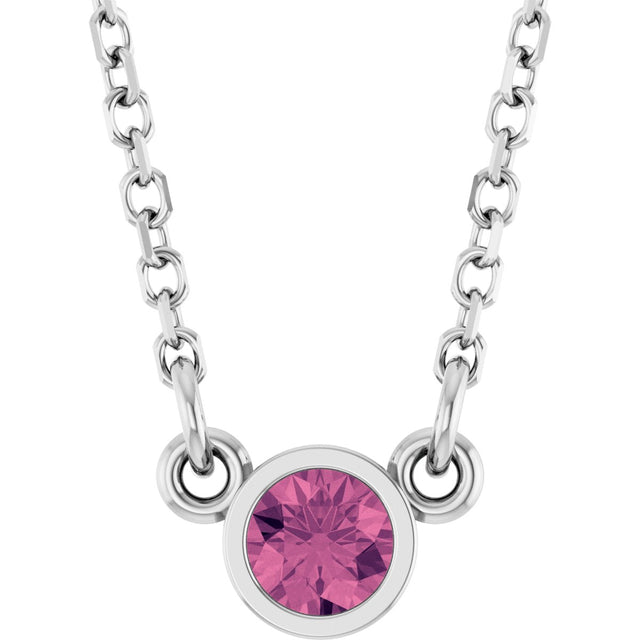 Platinum Round Natural Pink Tourmaline Bezel-Set Solitaire Birthstone Necklace