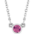 14K Gold Round Natural Pink Tourmaline Bezel-Set Solitaire Birthstone Necklace II - White Gold