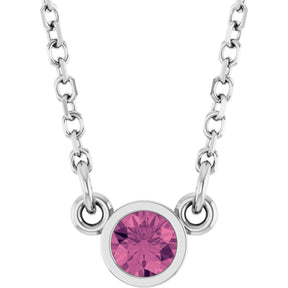 14K Gold Round Natural Pink Tourmaline Bezel-Set Solitaire Birthstone Necklace II - White Gold