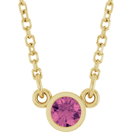 14K Gold Round Natural Pink Tourmaline Bezel-Set Solitaire Birthstone Necklace II - Yellow Gold
