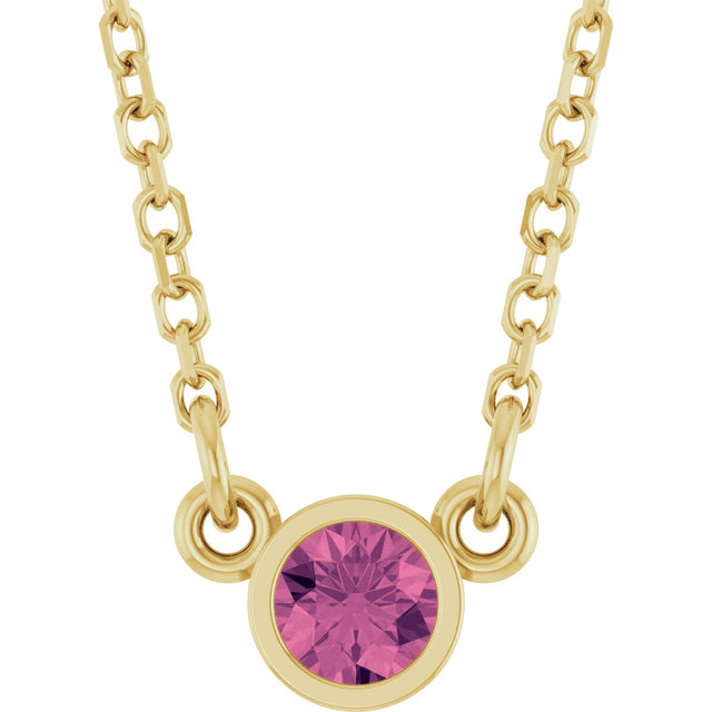 14K Gold Round Natural Pink Tourmaline Bezel-Set Solitaire Birthstone Necklace II - Yellow Gold
