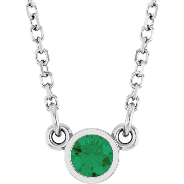 Platinum Round Natural Emerald Bezel-Set Solitaire Birthstone Necklace