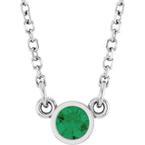 14K Gold Round Natural Emerald Bezel-Set Solitaire Birthstone Necklace - White Gold