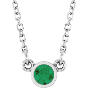 Platinum Round Lab-Grown Emerald Bezel-Set Solitaire Birthstone Necklace